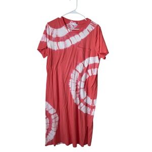 Time and Tru Coral Pink White Tie Dye T-Shirt Dress XL 16-18 Pocket Midi Slit